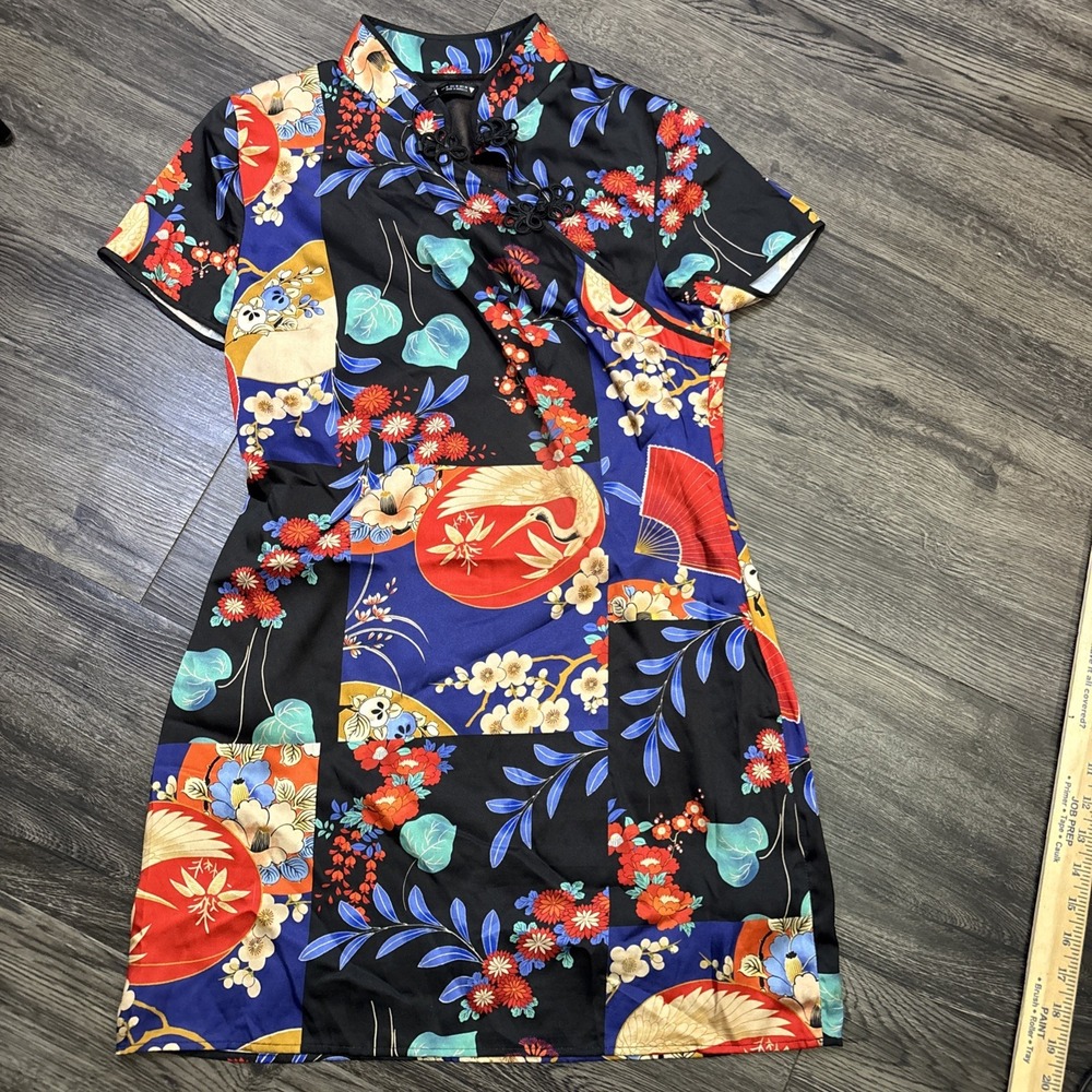 ZARA Asian Crane Floral Print Cheongsam Mini Dress Frog Button Size M Medium